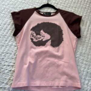 Harlem Woman Black Afro Raglan T-Shirt - Pink and Brown Size L Large